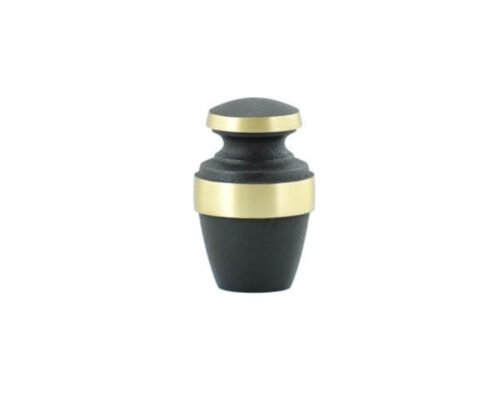 Black metal keepsake urn with two brass-tone accent bands, model MUK325