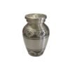 Pewter-tone metal keepsake urn with engraved floral bands