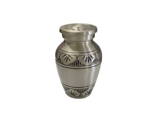 Pewter-tone metal keepsake urn with engraved floral bands