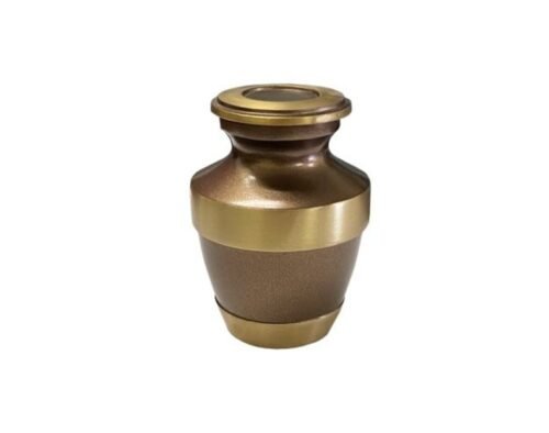Brown and gold metal keepsake urn with a brushed gold band