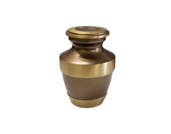Brown and gold metal keepsake urn with a brushed gold band