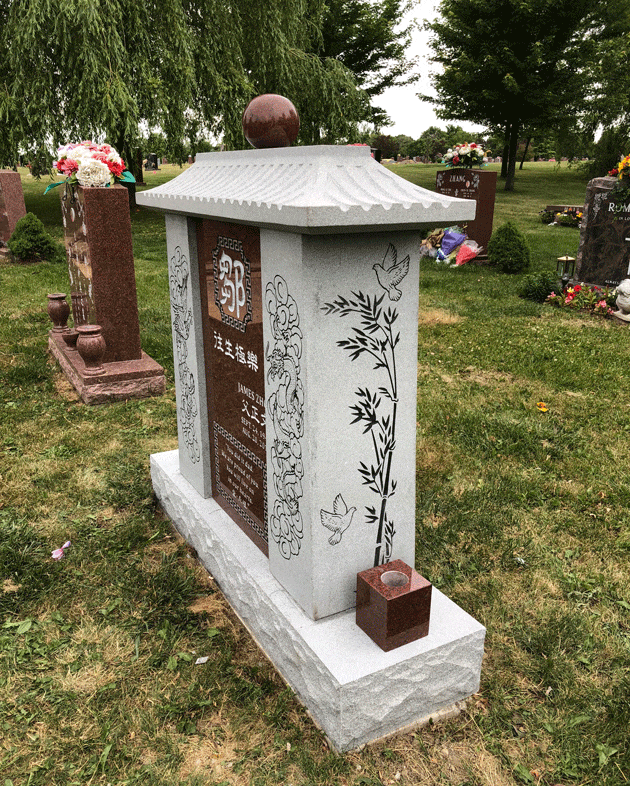 Angled view of Asian roof family columbarium