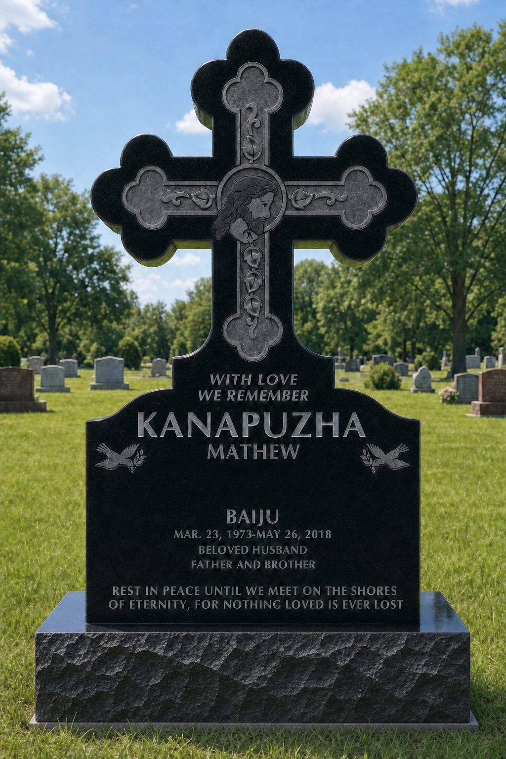 Black granite upright monument with a budded cross, carved medallion and ivy