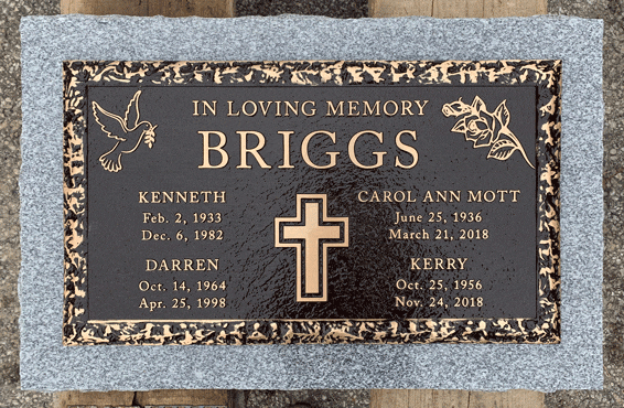 Bronze companion marker with cross dove and rose border