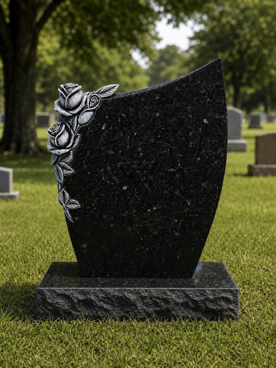 Dark granite shaped monument with a sculpted rose spray carved in deep relief