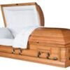 Oak wood casket with a natural finish and soft interior lining