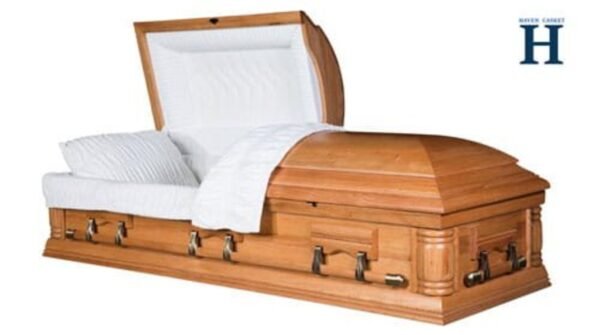Oak wood casket with a natural finish and soft interior lining