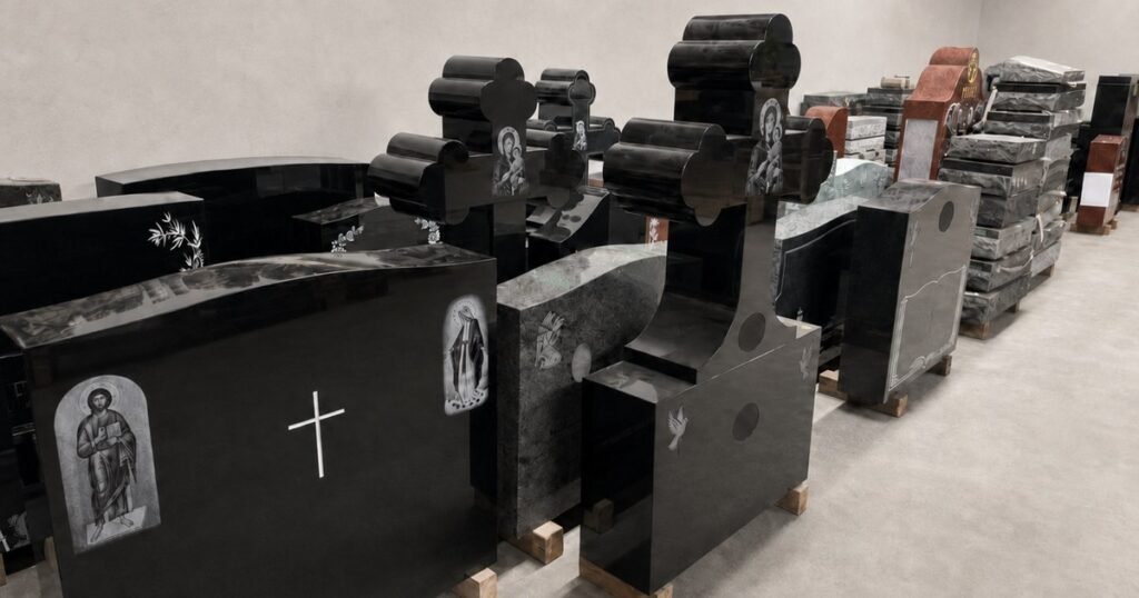 Monument showroom with granite headstones in a range of shapes