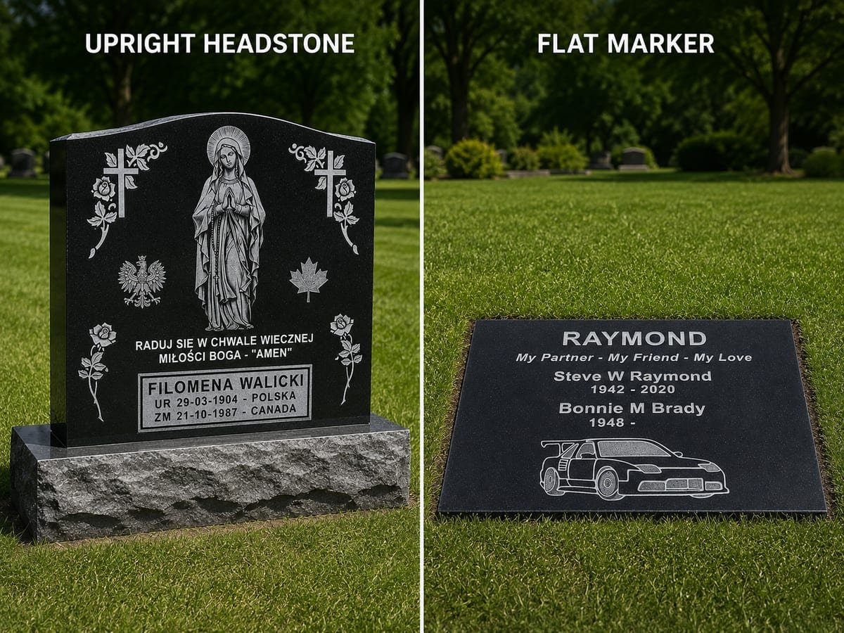 Upright granite headstone next to a flat granite marker in a cemetery