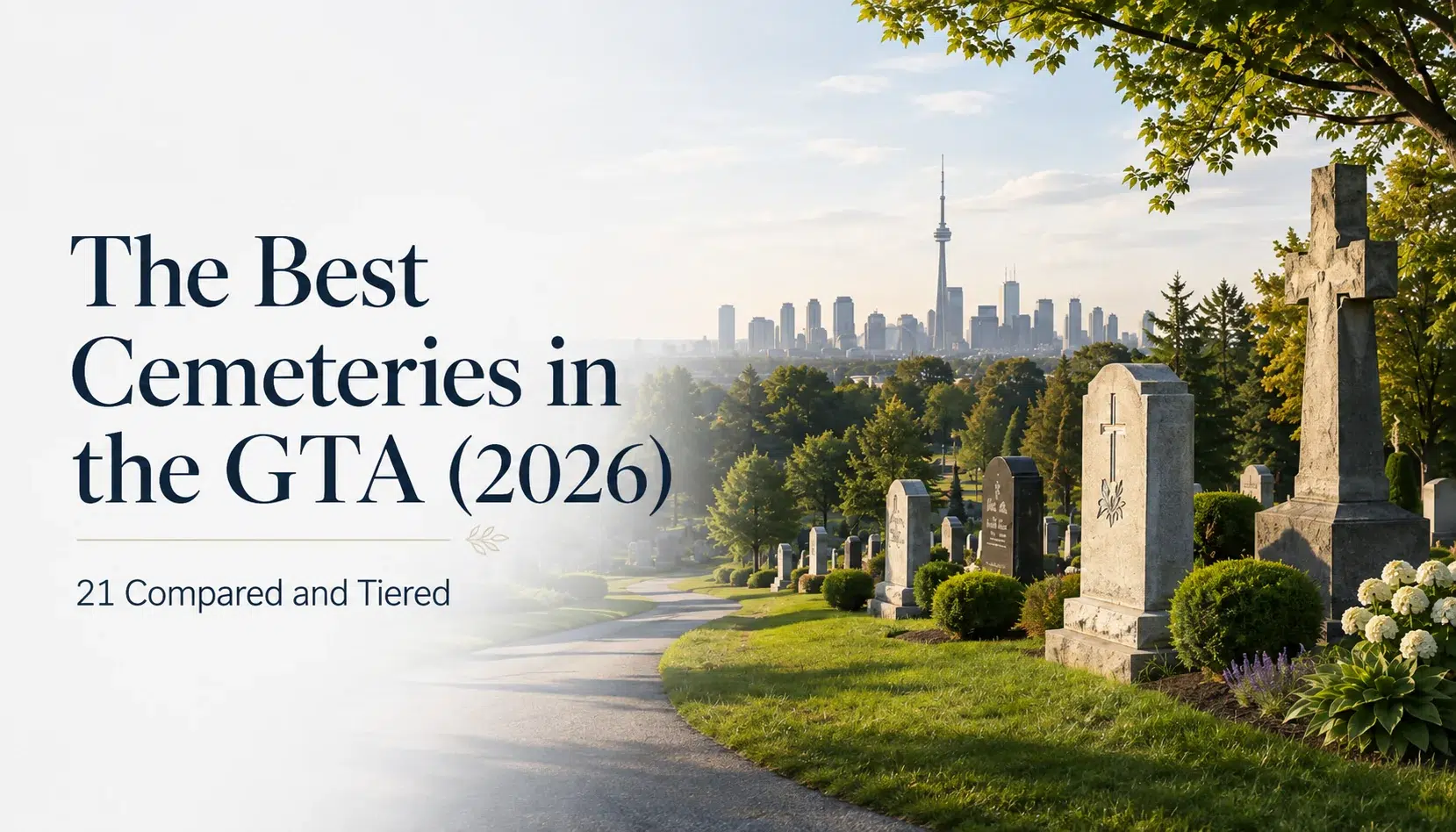 Cemetery grounds with upright granite monuments and the Toronto skyline beyond