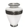 Amaryllis Metal Urn MU313, white body with pewter grey engraved leaf scroll bands on the lid and shoulder