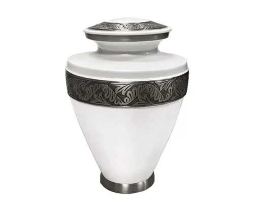 Amaryllis Metal Urn MU313, white body with pewter grey engraved leaf scroll bands on the lid and shoulder