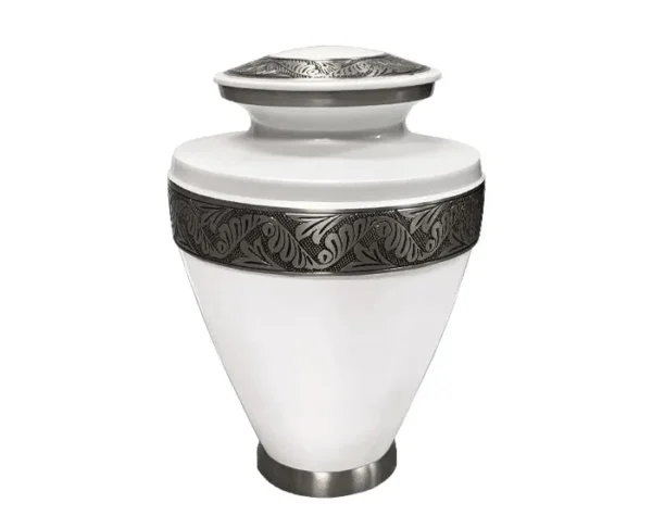 Amaryllis Metal Urn MU313, white body with pewter grey engraved leaf scroll bands on the lid and shoulder