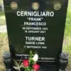 Black Granite Headstone with Bronze Medallions Black granite serpentine headstone with three round bronze medallions, a metal line accent, twin vases and a butterfly
