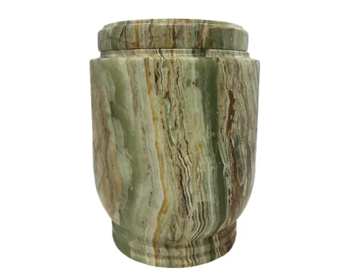 Blest Marble Urn MAU290, tall rounded urn in banded green onyx with cream and brown streaks and a flat lid