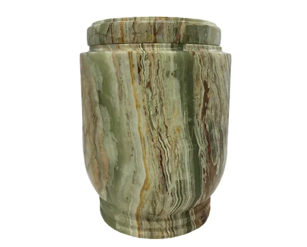 Blest Marble Urn MAU290, tall rounded urn in banded green onyx with cream and brown streaks and a flat lid