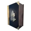 Book of Prayers MU256, book shaped metal urn, black leather look cover, brass spine and corners, raised praying hands