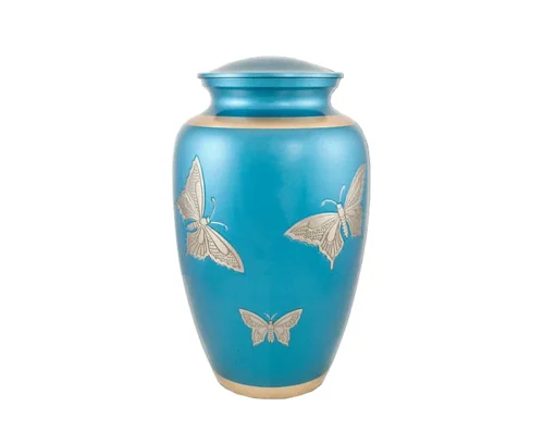 Butterfly Metal Urn MU316, teal blue body with three engraved butterflies and thin gold bands at the shoulder and base