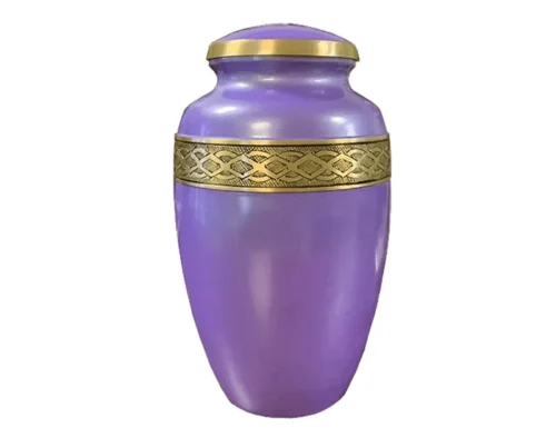 Classic Purple Metal Urn MU333, vase shaped with a pearl lavender finish, an engraved brass coloured band and a domed lid