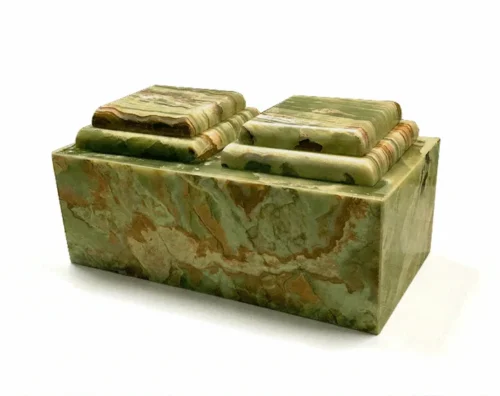 Companion Green Onyx Marble Urn MAU408, wide rectangular green onyx urn with two stepped lids side by side