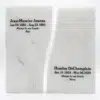 Companion White Marble Urn MAU005 as two separate pieces, each engraved in black with a name, dates and a short epitaph