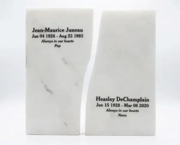Companion White Marble Urn MAU005 as two separate pieces, each engraved in black with a name, dates and a short epitaph