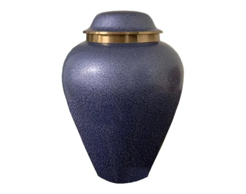 Credence Metal Urn MU334, mottled purple blue metal urn with a brushed gold band under the domed lid