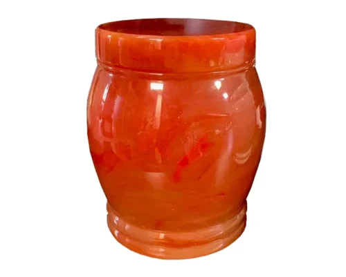 Delicacy Marble Urn MAU303, glossy orange red marbled stone vase urn with a rounded body and flat lid