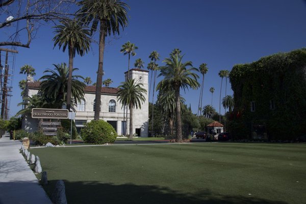 Entrance sign, palm trees and pale stone clock tower at Hollywood Forever Cemetery, Los Angeles