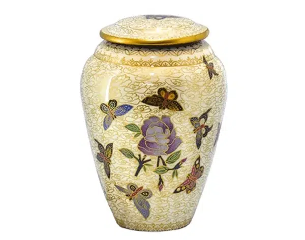 Flourishing Metal Urn MU166, cream cloisonne urn with gold scrollwork, a purple rose and colourful butterflies
