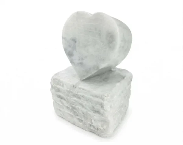 Forever White Marble Urn MAU006, polished heart standing upright on a rough cut white stone block, grey veins in both