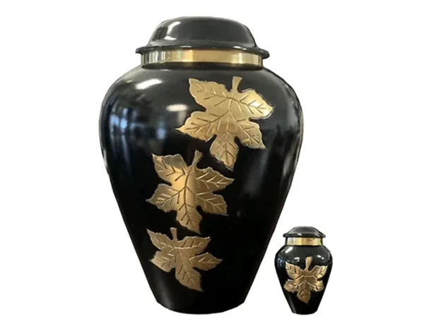 Golden Leaves Metal Urn MU331, black metal urn with three gold maple leaves and a matching keepsake urn