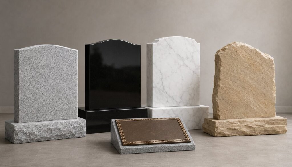 Five headstone materials side by side: light grey granite, polished black granite, white marble, sandstone and a bronze plaque marker