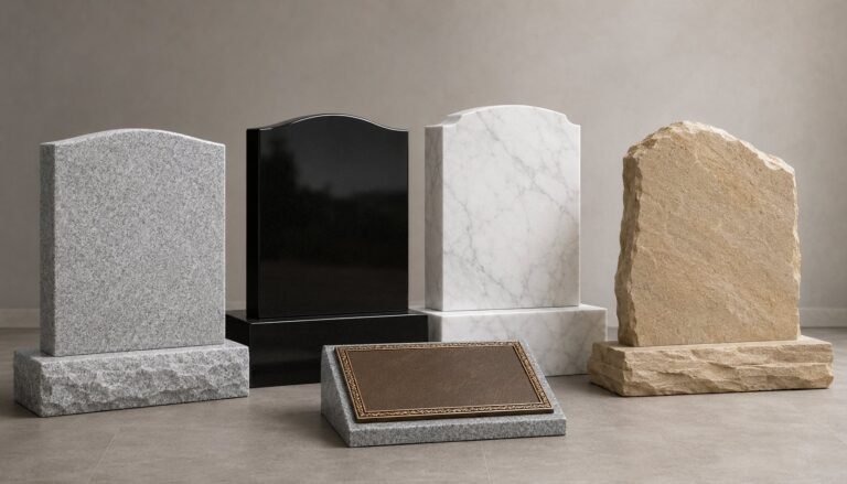 Five headstone materials side by side: light grey granite, polished black granite, white marble, sandstone and a bronze plaque marker