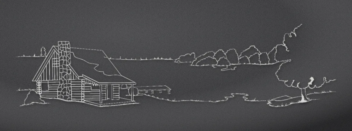 Cabin by a lake with trees engraved on black granite