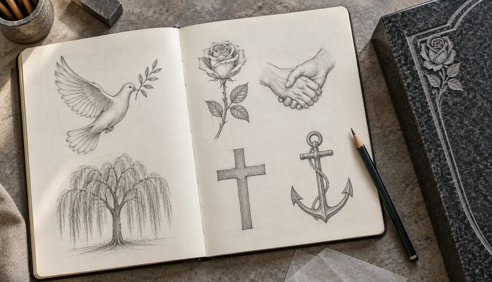 Sketchbook of headstone symbols: a dove with an olive sprig, a rose, clasped hands, a weeping willow, a cross and an anchor, beside a granite tablet with an engraved rose