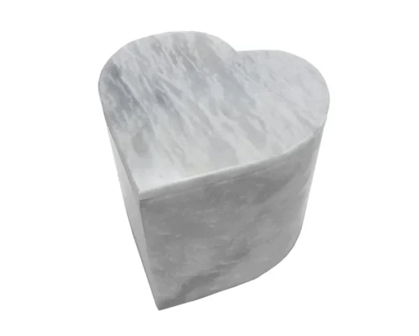 Heart White Marble Urn MAU016, heart shaped urn in white marble with soft grey veins and a flat lid