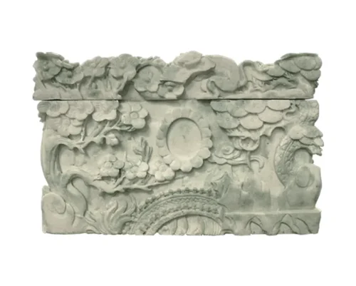 Jade Garden Marble Urn MAU308, pale green rectangular urn carved with flowering branches, pine boughs and an oval medallion