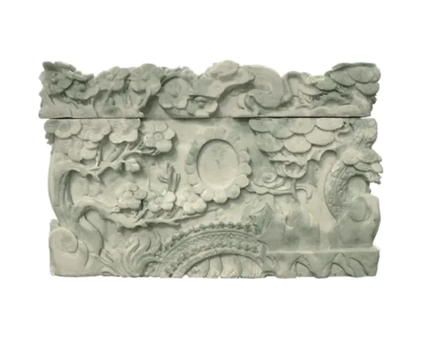 Jade Garden Marble Urn MAU308 Jade Garden Marble Urn MAU308, pale green rectangular urn carved with flowering branches, pine boughs and an oval medallion