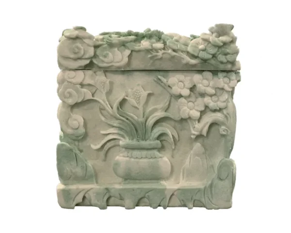 Jade Garden Marble Urn MAU308 Flower Pot Panel Jade Garden Marble Urn MAU308, pale green stone urn carved with a potted flowering plant, blossoms and cloud scrolls