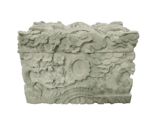 Jade Garden Marble Urn MAU308 Lid View Jade Garden Marble Urn MAU308 from a raised angle, carved lid top and front with flowering branches and an oval medallion