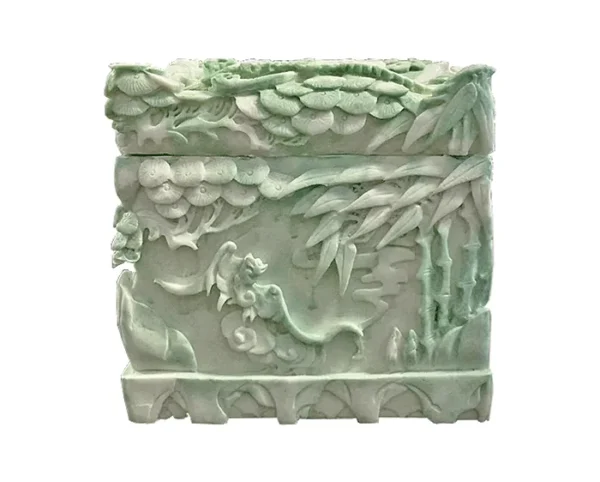 Jade Garden Marble Urn MAU308 Pine and Bamboo Jade Garden Marble Urn MAU308, pale green stone urn carved with pine boughs, bamboo and a bird among clouds