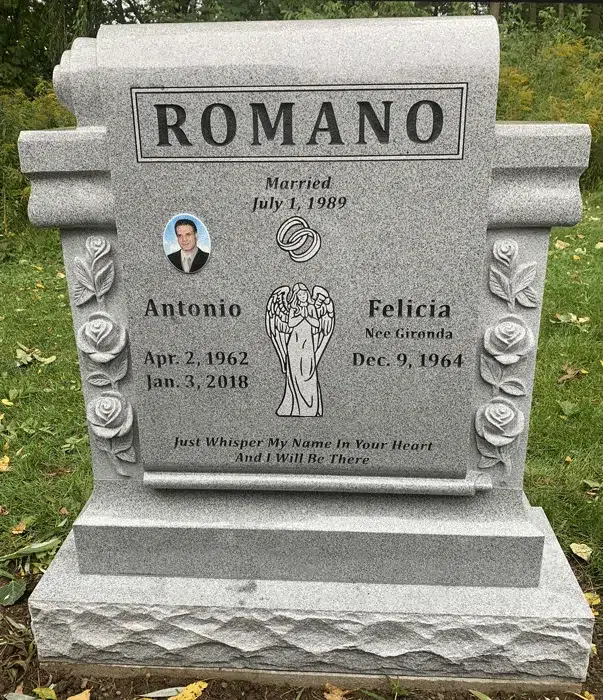 Light Grey granite scroll top companion headstone with carved roses, an angel and a portrait