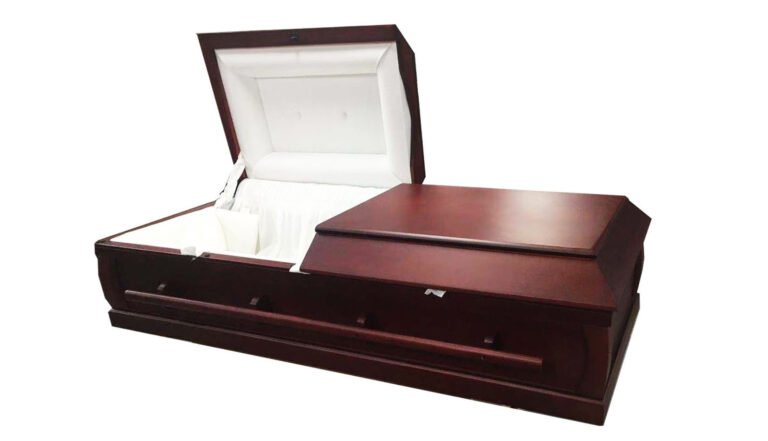 Wood cremation casket shown open, available at Haven Casket