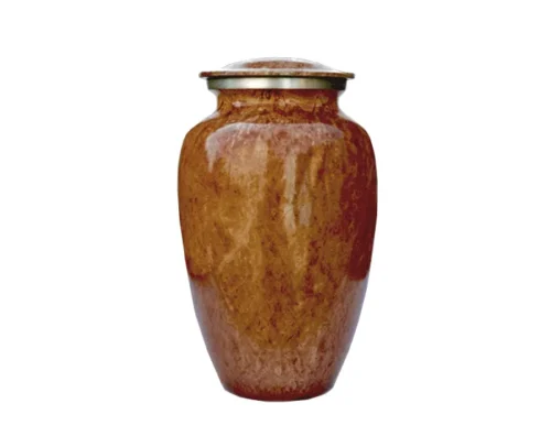 Oasis Metal Urn MU302, classic vase shape with a brown and tan marbled finish and a brass coloured band under the domed lid