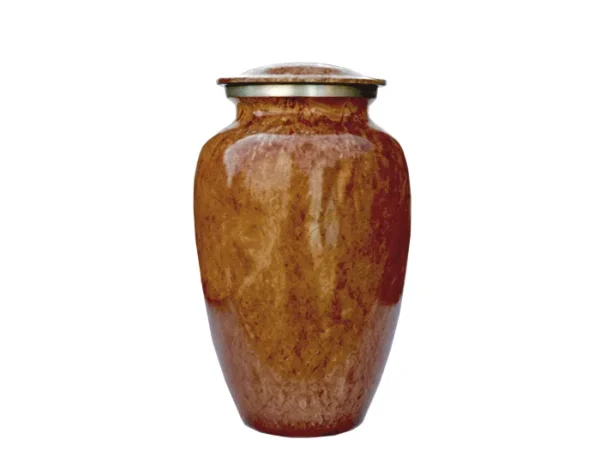 Oasis Metal Urn MU302, classic vase shape with a brown and tan marbled finish and a brass coloured band under the domed lid
