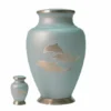 Ocean Breeze Metal Urn MU156, pale blue green metal urn with three silver dolphins and a matching keepsake urn