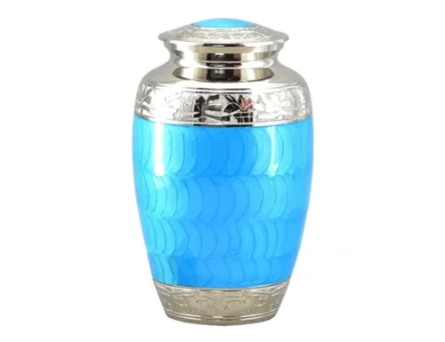 Oceanic Pearl Metal Urn MU337, sky blue pearl enamel body with wavy pattern, polished silver lid and engraved leaf bands