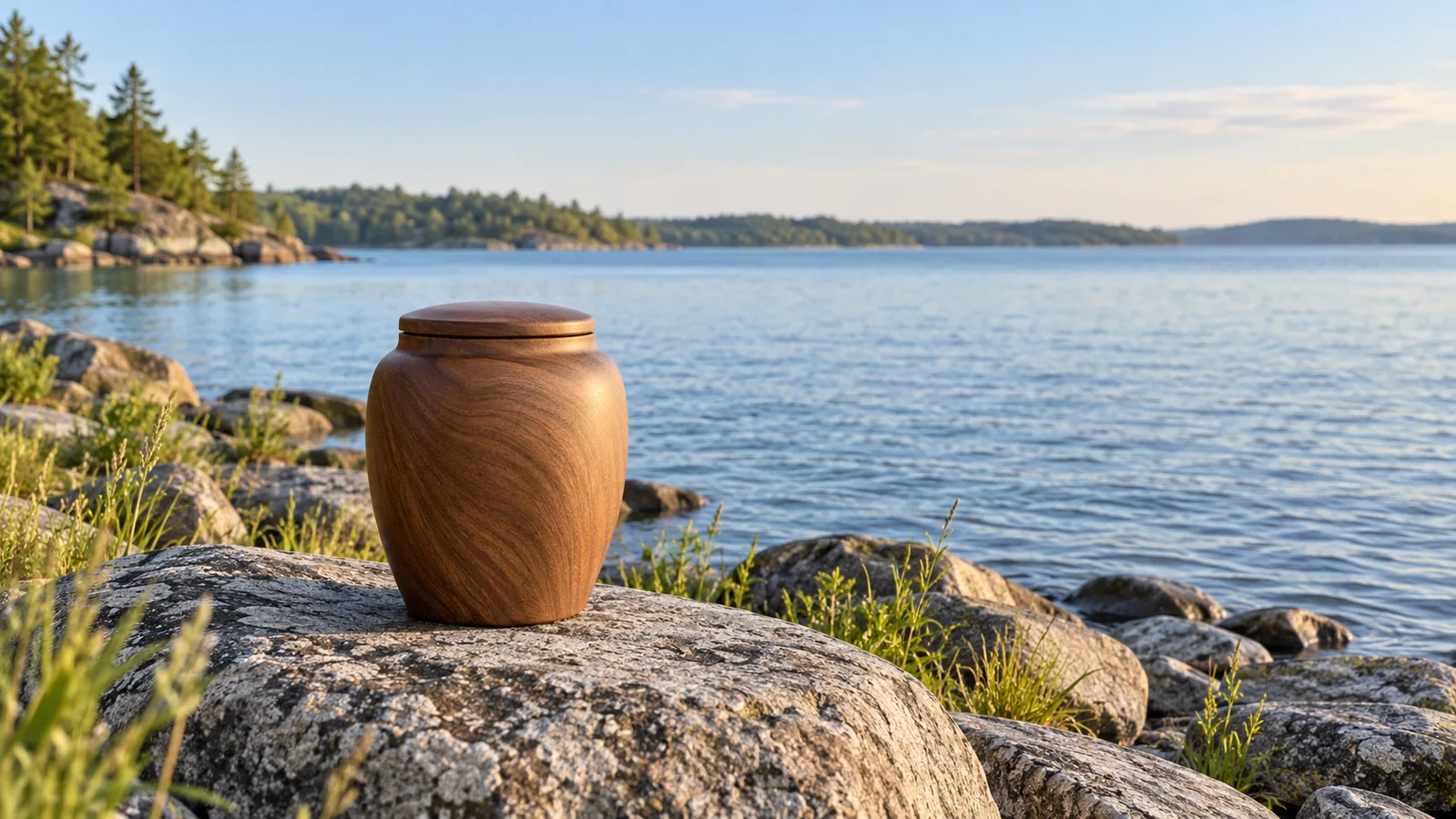 A closed wooden urn beside a quiet lakeshore in soft morning light.