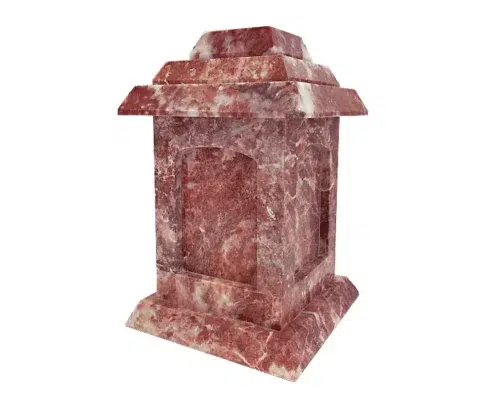 Pagoda Marble Urn MAU009, pagoda shaped urn in red and white mottled marble with a tiered roof lid and arched panels